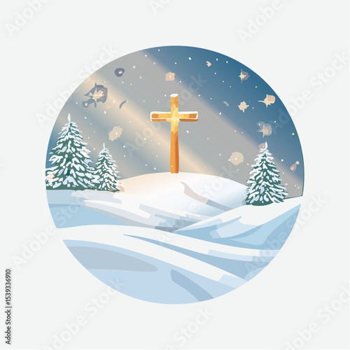 Stylized vector of a peaceful snowy landscape with a cross on a hill, Christmas lights glowing in the background