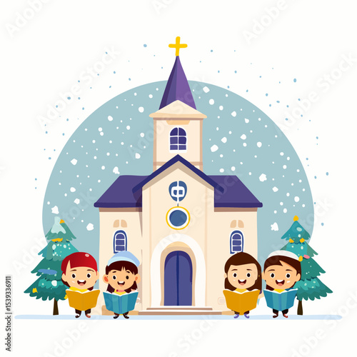 Flat vector of children singing Christmas carols in front of a church with a cross lit up on top, snow gently falling