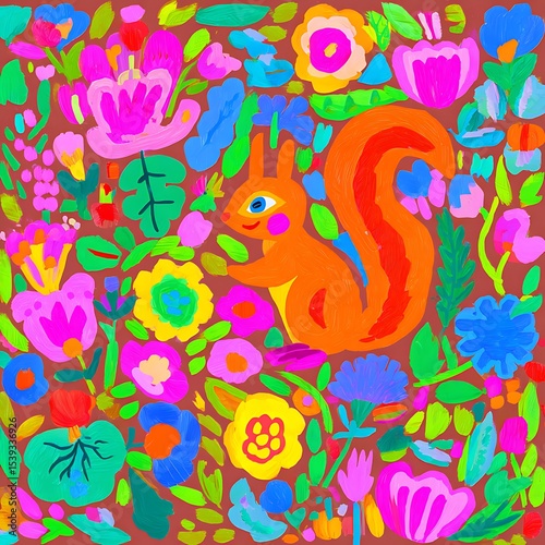 Vibrant floral design featuring a cheerful squirrel.