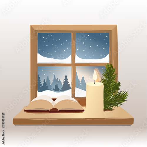 Modern vector of a Christmas candle next to a Bible and a wooden cross, all placed on a snowy windowsill with soft lights