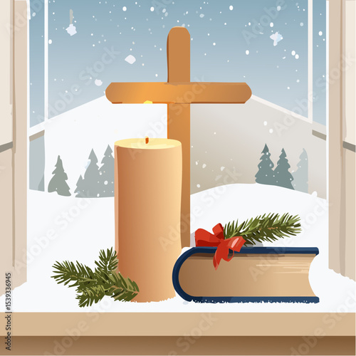 Modern vector of a Christmas candle next to a Bible and a wooden cross, all placed on a snowy windowsill with soft lights