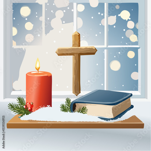 Modern vector of a Christmas candle next to a Bible and a wooden cross, all placed on a snowy windowsill with soft lights