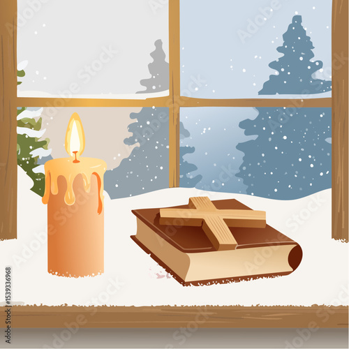 Modern vector of a Christmas candle next to a Bible and a wooden cross, all placed on a snowy windowsill with soft lights