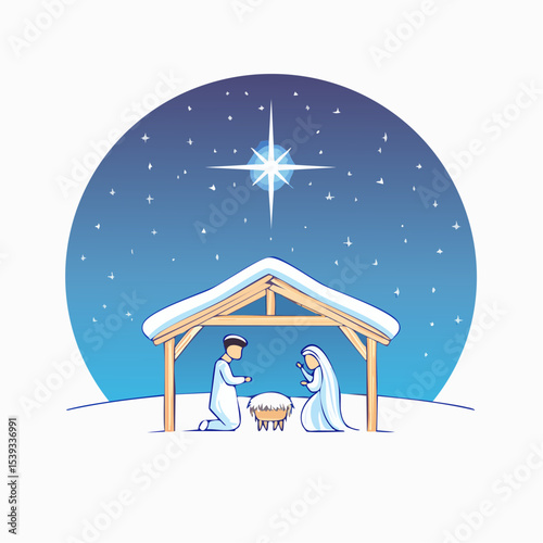 Minimalist vector of a nativity scene with a shining cross above the stable, under a starry Christmas night sky