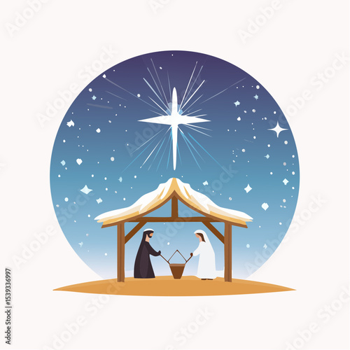 Minimalist vector of a nativity scene with a shining cross above the stable, under a starry Christmas night sky