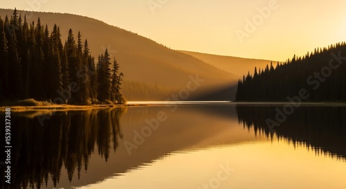 Golden Lake Reflection at Sunrise: Serene Landscape with Forest and Mountain at Summer Solstice