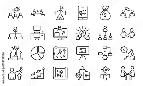 Business and management icon set illustrating concepts of teamwork leadership strategy finance growth and success