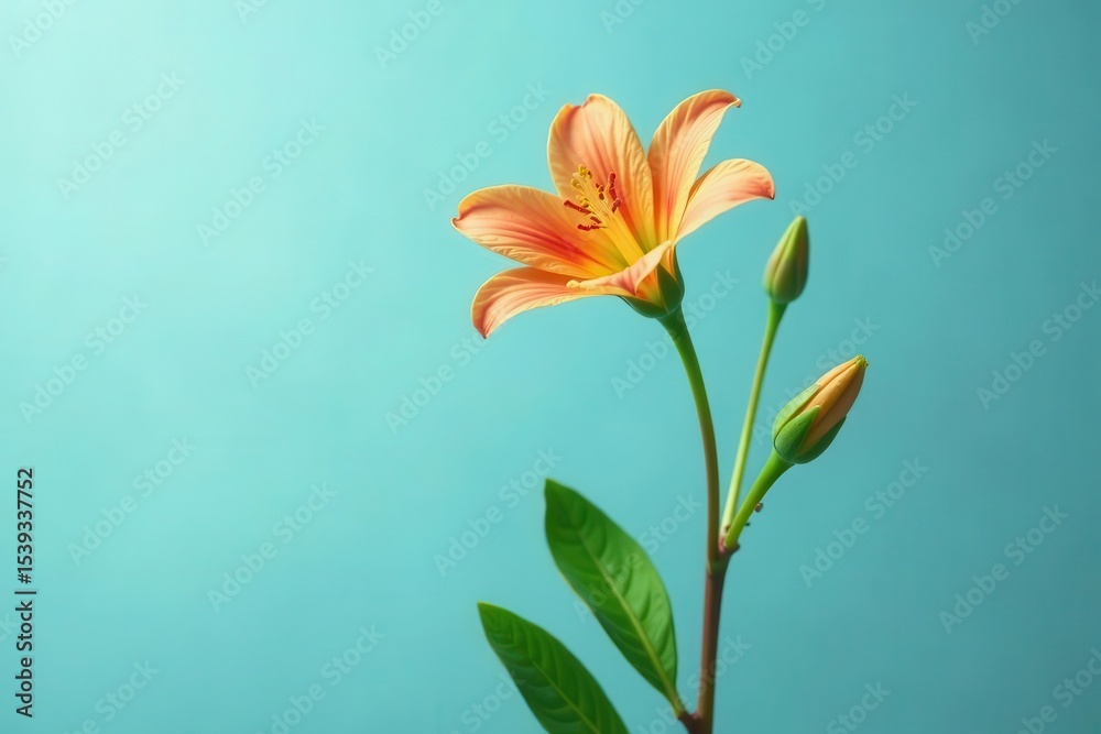 Naklejka premium A single peach blossom with two unopened buds against a teal background