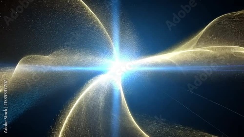 Abstract Golden Particle Wave Flowing With Bright Center Light on Blue Background