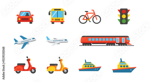Illustration of various modes of transportation and a traffic light