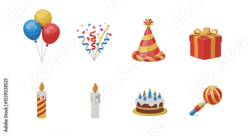 Illustration of birthday party elements including cake and balloons