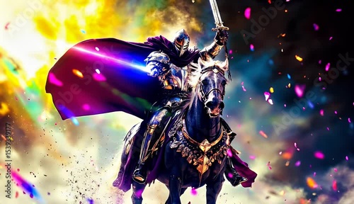 A digital painting depicting a knight in shining armor, astride a powerful steed, holding a sword aloft in a vibrant, confetti-filled scene.