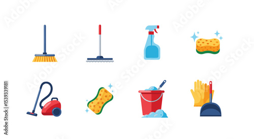 Illustration of various cleaning tools and equipment on white background
