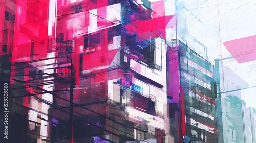 Abstract city buildings in vibrant hues.