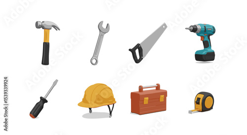 Illustration of assorted construction and repair tools on white background