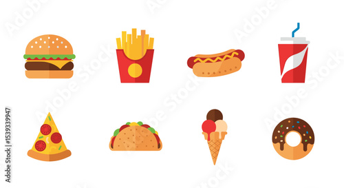 Illustration of various fast food items including burger and dessert