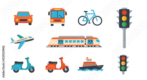 Illustration of various modes of transport and traffic light signals