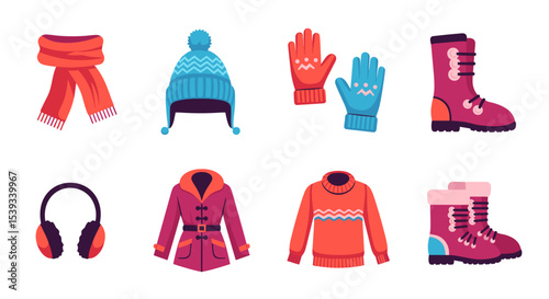 Illustration of winter clothing including hats boots and outerwear