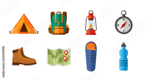 Illustration of camping gear including tent backpack and compass map