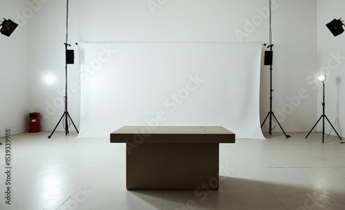 A pristine white backdrop serves as a blank canvas its surface dominated by an empty concrete table inviting creativity and the insertion of copy space to bring the image to life
