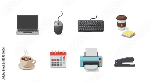 Illustration of office supplies including laptop and coffee cup