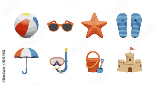 A collection of beach themed items including a ball and sandcastle