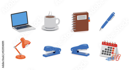 Isometric view of office supplies including a laptop and coffee mug