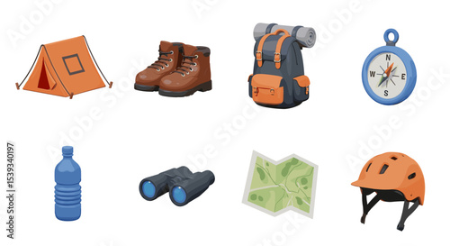 Illustration of camping equipment including tent boots and compass