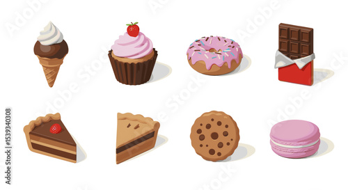 Isometric desserts featuring ice cream cupcake donut and other sweets