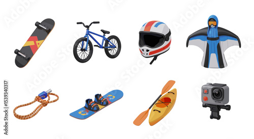 Various extreme sports equipment including bike and action camera