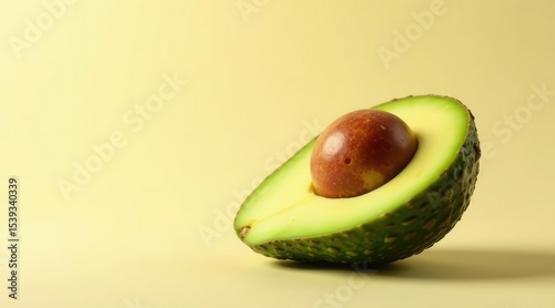 A vibrant half of a ripe avocado showcasing its creamy flesh and a single large seed against a soft yellow backdrop