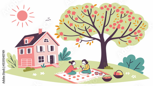 Vector family picnic outdoor scene vector illustration with house tree sun and women enjoying leisure time happy 100