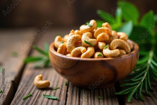 Aromatic Roasted Cashews in a Rustic Wooden Bowl, Garnished with Fresh Herbs, on a Weathered Wooden Surface