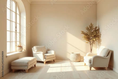 Sunlit Living Room with Neutral Tones and Textured Accents Featuring Two Armchairs, a Footstool, and Woven Table