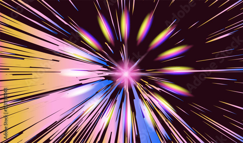 Energetic abstract illustration in modern vaporwave style: vibrant streaks of yellow, pink, blue radiate from a glowing magenta center, creating a sense of cosmic motion and intensity.