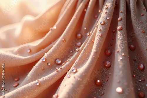 Close-up view of delicate peach fabric adorned with shimmering beads and glistening water droplets, showcasing elegant texture and luxurious detail