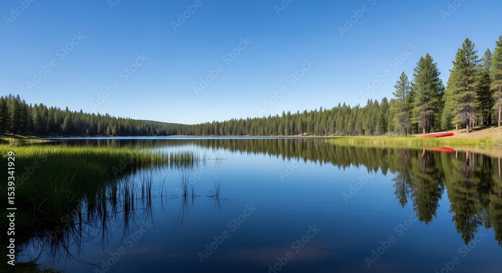 Obraz premium Idyllic Lake Landscape with Forest Reflection on Calm Water and Red Canoe on Shoreline