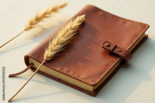 Brown leather journal with dried wheat stalks resting on a light surface