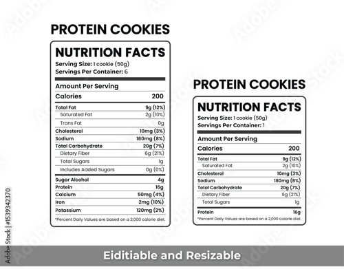 Nutrition facts Label, protein cookie label, nutrition list, low sugar snack label, healthy cookie nutrition facts, gym snack label, protein snack editable chart, keto friendly cookie facts