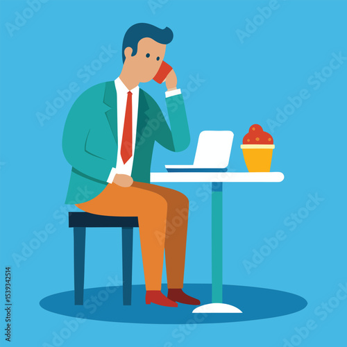 Man in formal suit using laptop and talking on phone while seated at a cafe table with cake and coffee, flat graphic style, indoor background