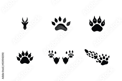 Animal Tracks and Horn Silhouettes Depicting Wildlife and Nature Black and White Vector Graphics
