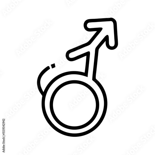 A minimalist black-and-white symbol representing the male gender, featuring an arrow and a circle