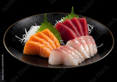 Delicious Variety of Fresh Sashimi on a Dark Plate. A high-quality image of a beautifully arranged sashimi platter featuring salmon, tuna, and white fish.