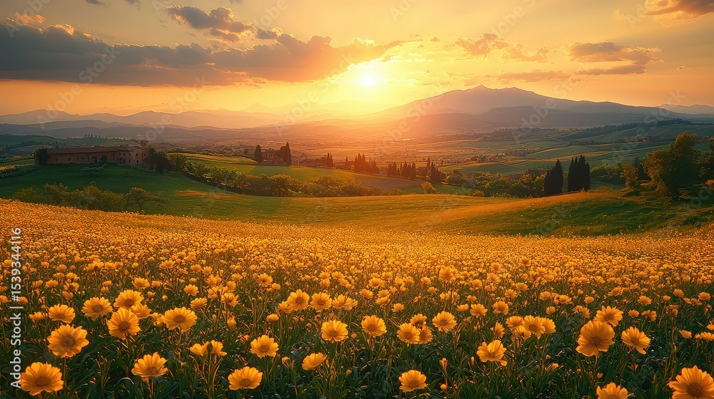 Fototapeta premium Lush field of wildflowers at sunset over rolling hills.