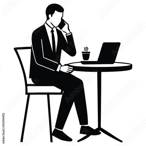Man in formal suit using laptop and talking on phone while seated at a cafe table with cake and coffee, flat graphic style, indoor background