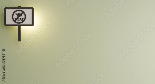 Illuminated No Meat Sign on a Pale Green Wall Vegan, Vegetarian, Dietary Restriction Symbol