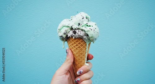 Mint Chocolate Chip Dream: A hand delicately holds a melting ice cream cone filled with refreshing mint chocolate chip ice cream against a vibrant teal background, evoking a sense of summertime bliss.