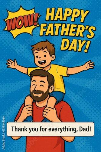Comic-style Father’s Day card with son on dad’s shoulders and thank you

