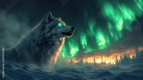 Majestic white wolf silhouetted against vibrant green aurora borealis in a snowy, wintry landscape