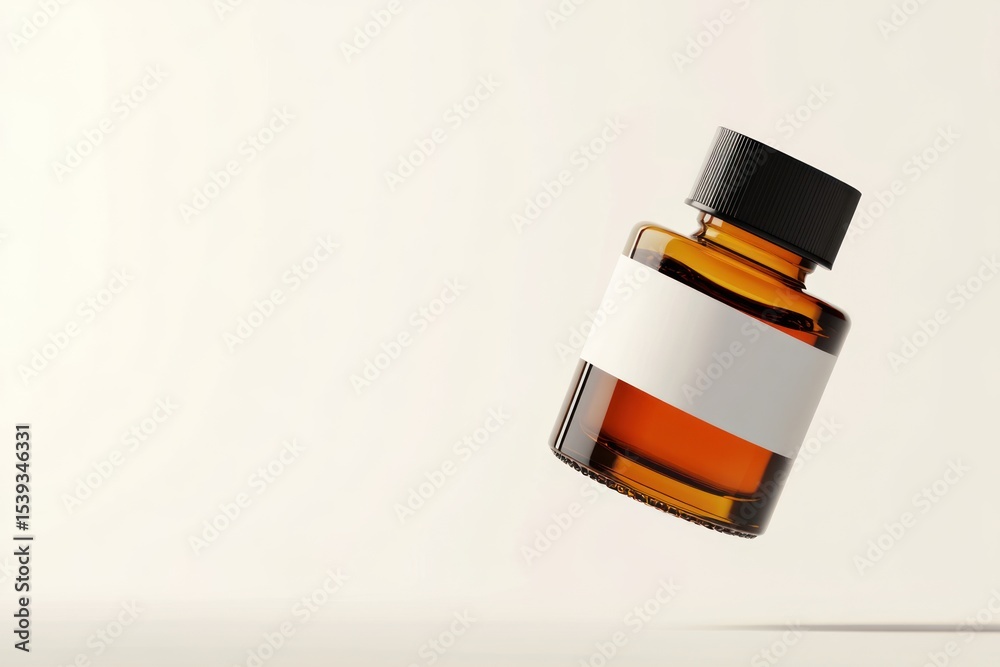 Obraz premium Amber glass bottle with black cap and white label on a neutral background